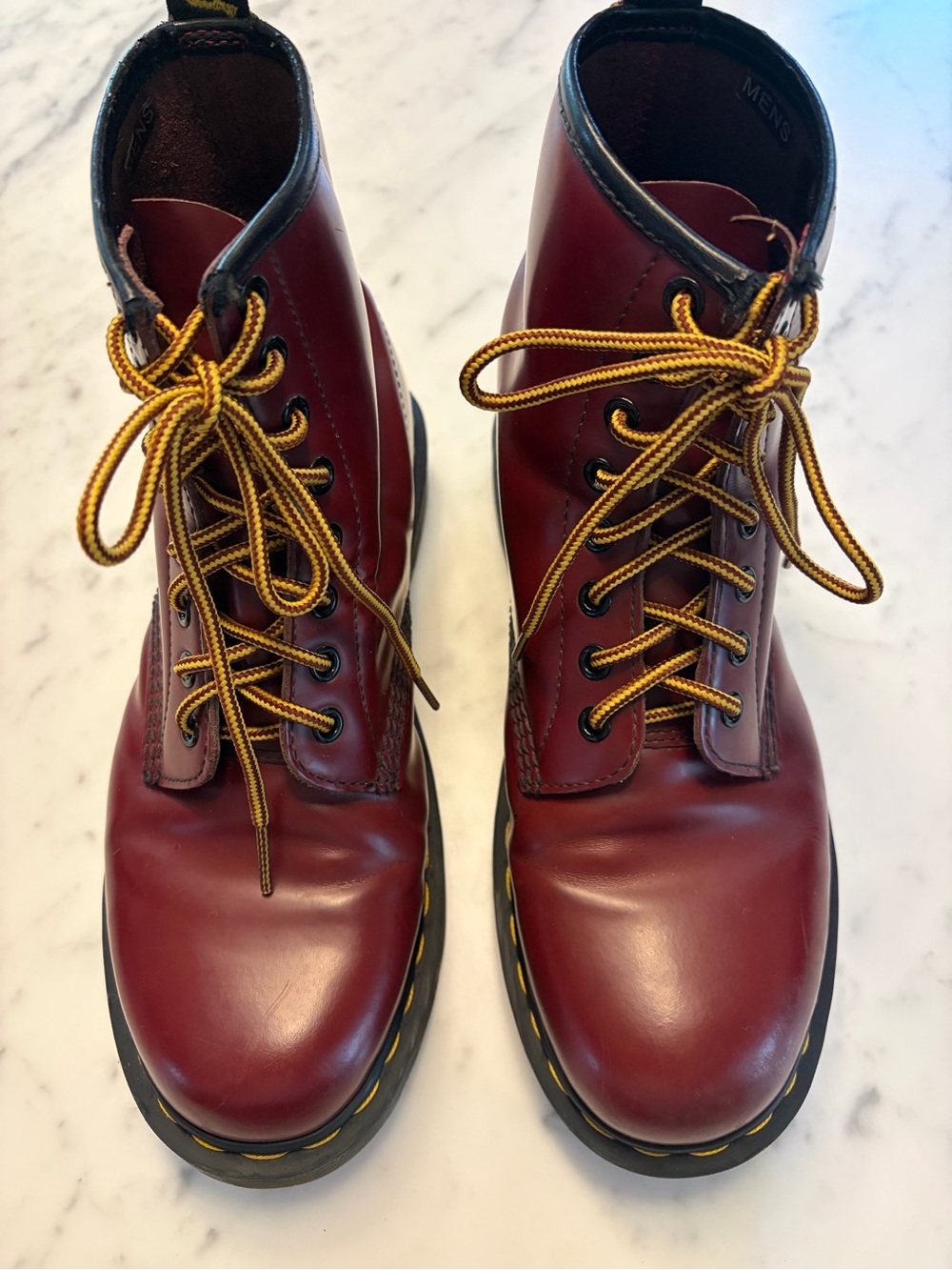 Dr. Martens Men's Burgundy Leather Lace-Up Boots with Yellow Stitching